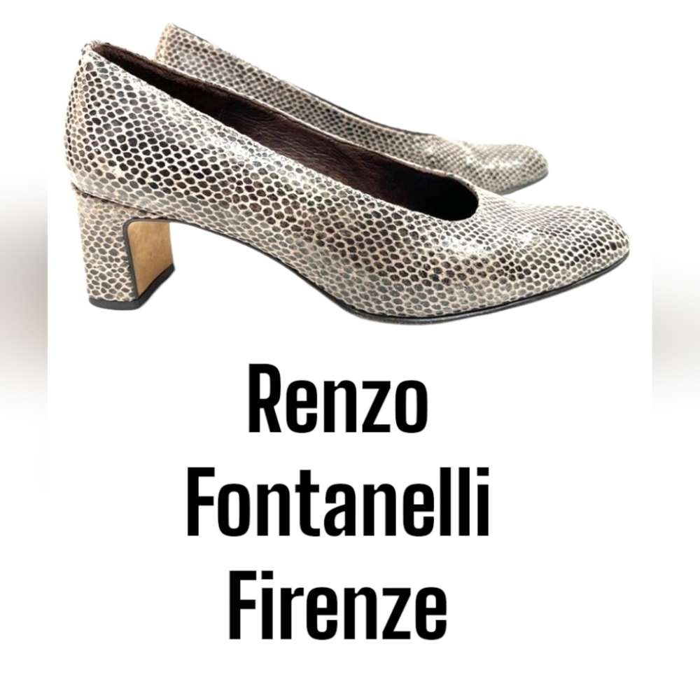 Renzo Fontanelli Italian Firenze Taupe Snakeskin Leather Block Kitten Heel SZ 8